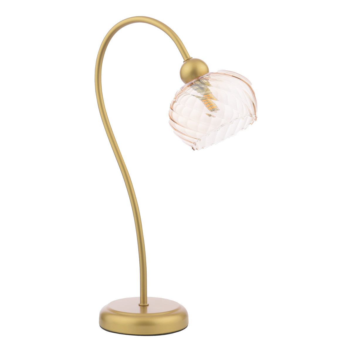 Gold table lamp with a curved stem and a clear, textured glass shade