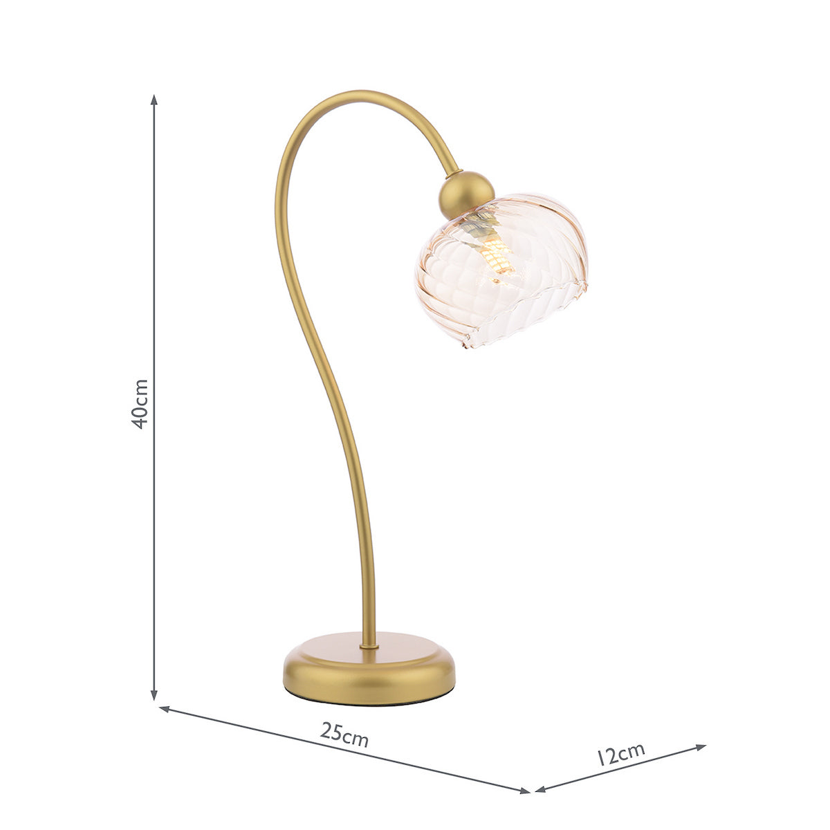 Gold table lamp with a curved stem and a clear fluted glass shade, dimensions 40cm H x 25cm W x 12cm D
