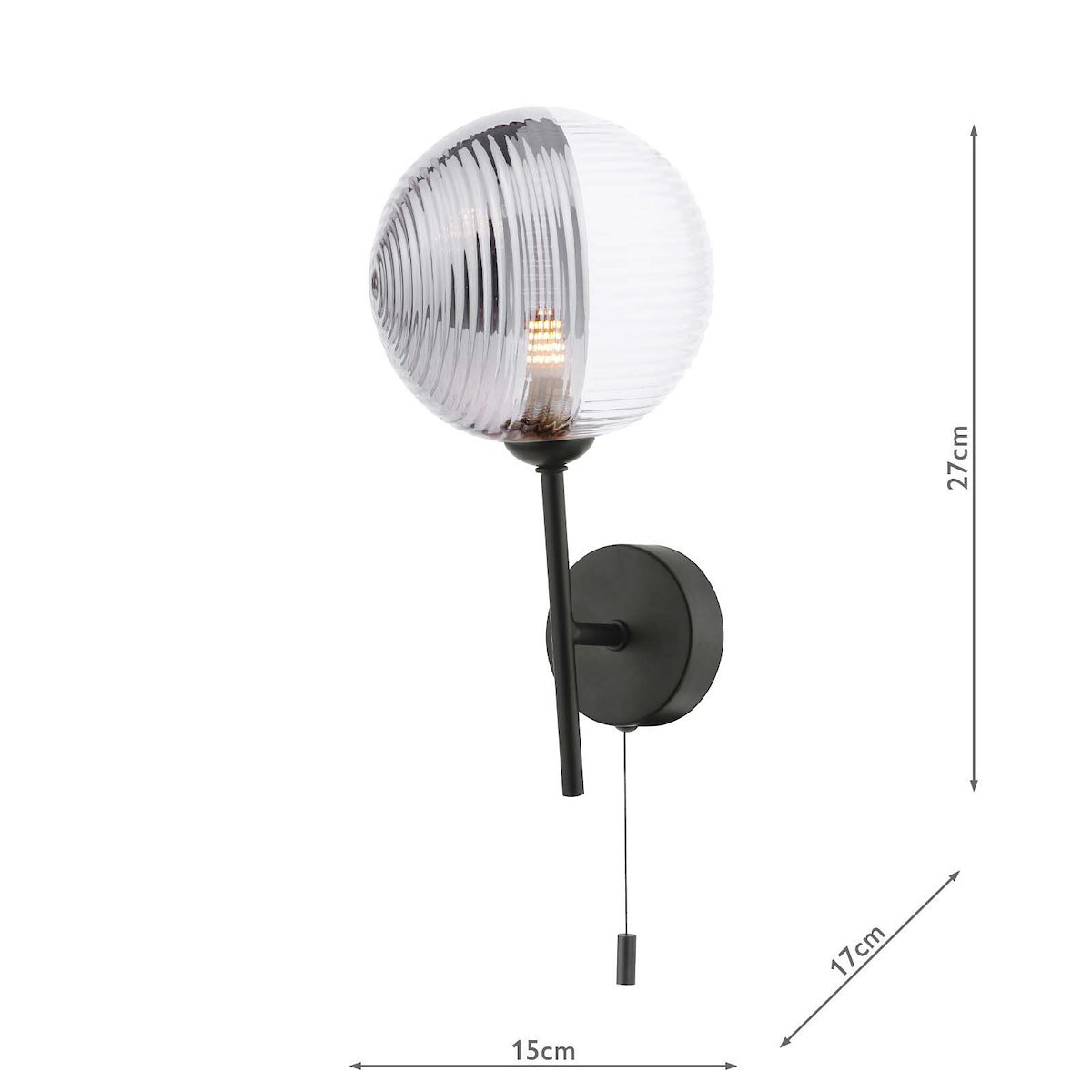 Black wall lamp with a clear, ribbed glass globe and a pull chain switch.