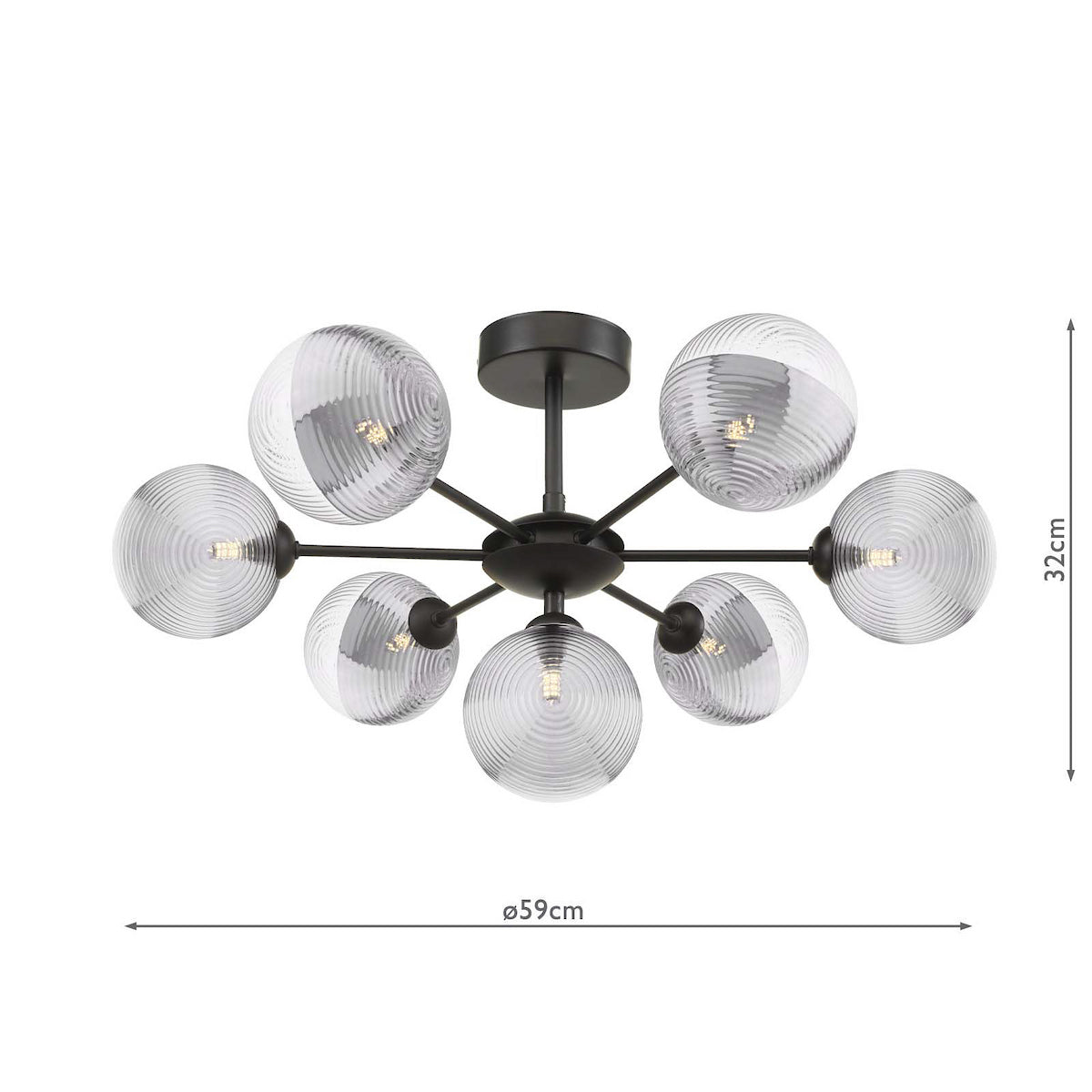 Black ceiling light with eight clear, ribbed glass globe shades. It measures 59cm wide and 32cm high.