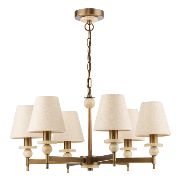 Colenza Six Arm Pendant in Antique Bronze and Travertine with Tapered Linen Shades