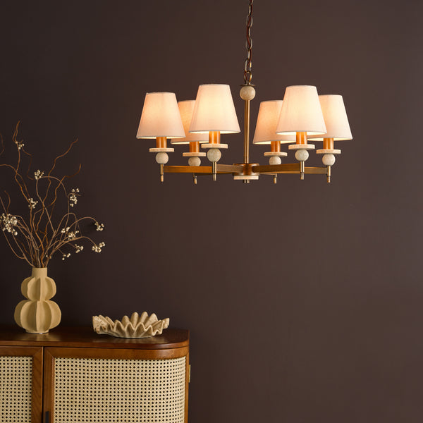 Colenza Six Arm Pendant in Antique Bronze and Travertine with Tapered Linen Shades