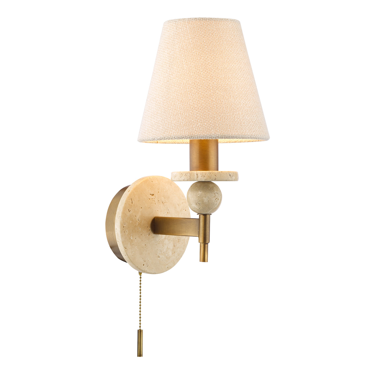 Colenza Switched Wall Light in Antique Bronze and Travertine with Tapered Linen Shade