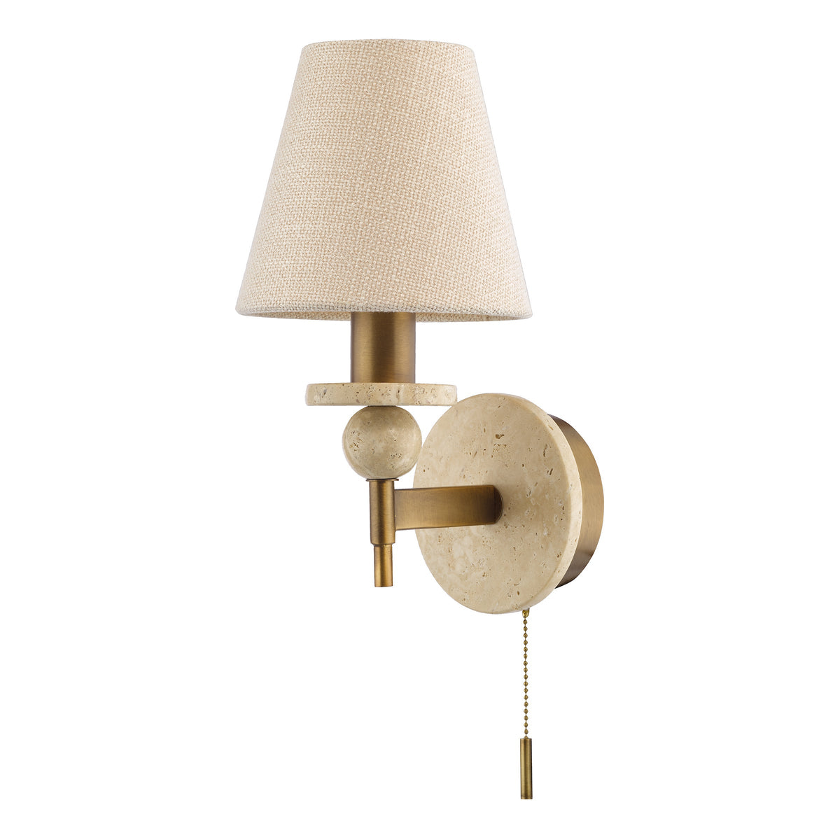 Colenza Switched Wall Light in Antique Bronze and Travertine with Tapered Linen Shade