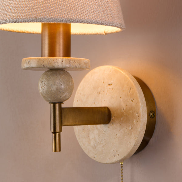 Colenza Switched Wall Light in Antique Bronze and Travertine with Tapered Linen Shade