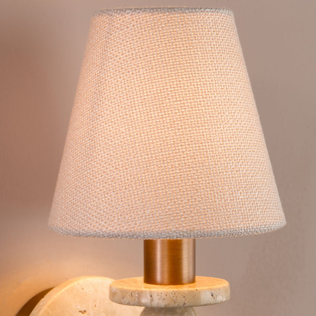 Colenza Switched Wall Light in Antique Bronze and Travertine with Tapered Linen Shade