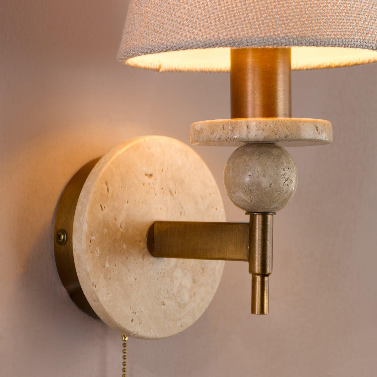 Colenza Switched Wall Light in Antique Bronze and Travertine with Tapered Linen Shade