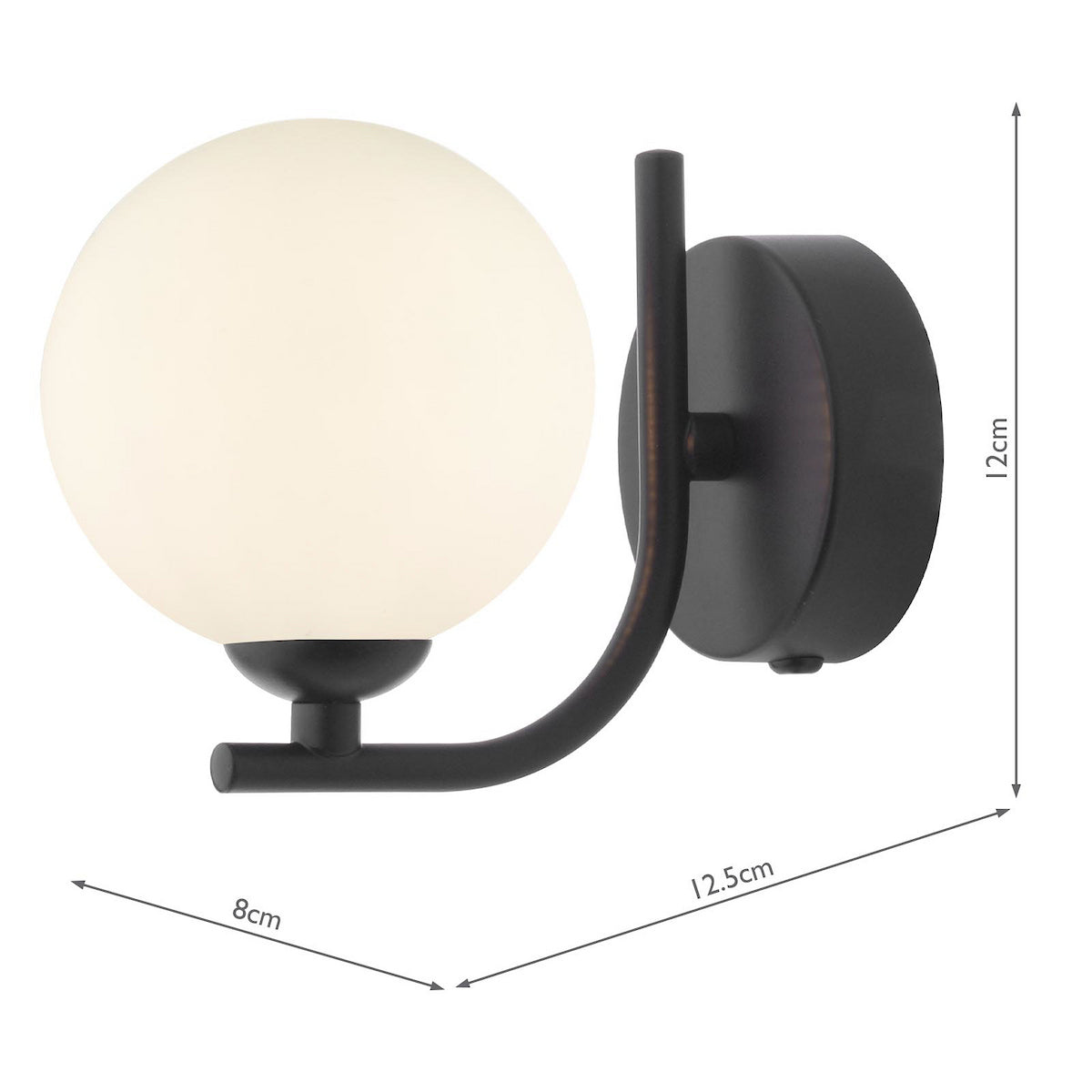 Black wall light with a white spherical shade and dimensions.