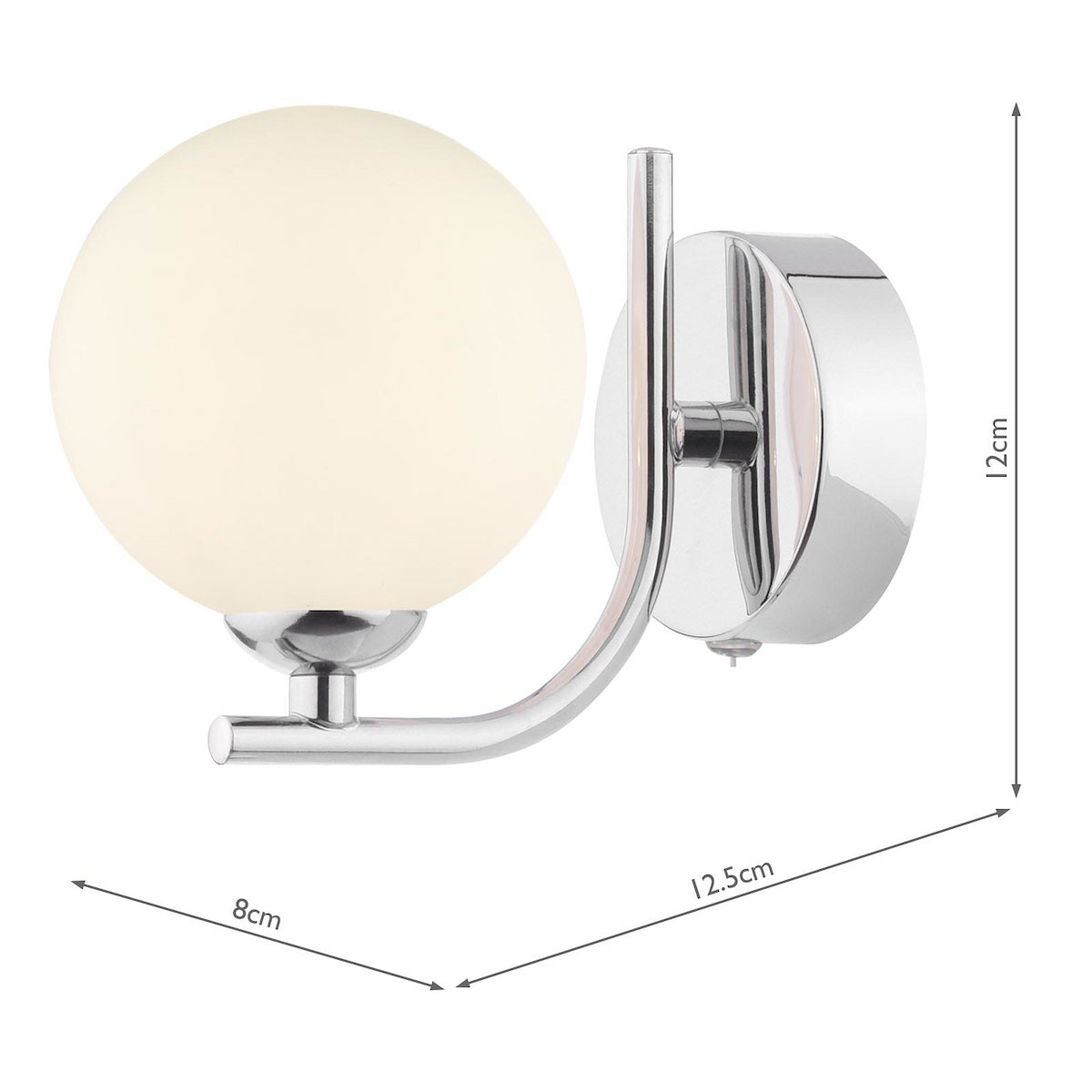 Chrome wall light with a white spherical shade, showing dimensions of 12cm height, 8cm width, and 12.5cm depth.