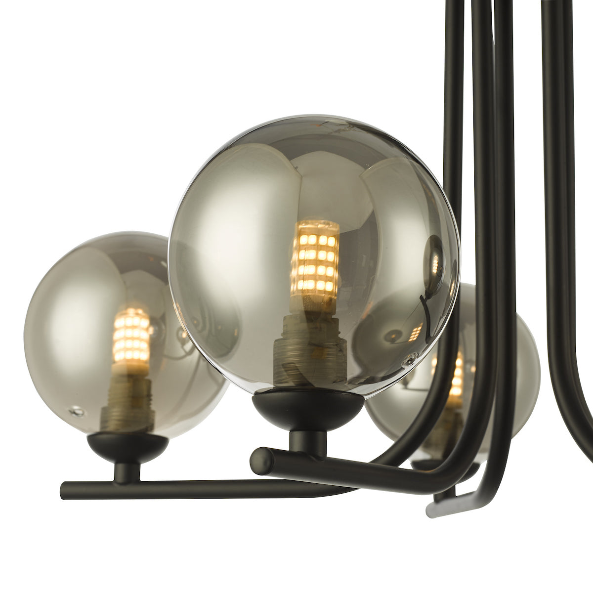Close-up of a modern chandelier with smoked glass globes and exposed LED bulbs.