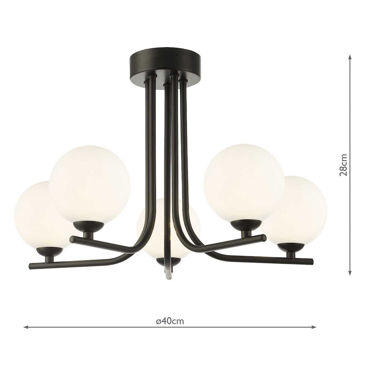 Black ceiling lamp with five white globe shades and dimensions.