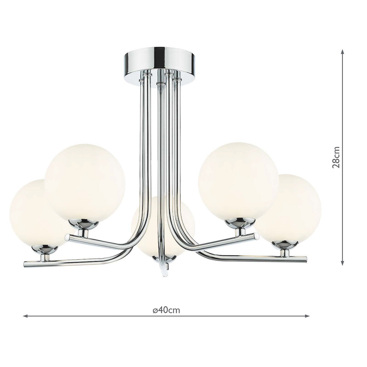 Chrome ceiling light with five spherical white glass shades, showing 28cm height and 40cm diameter.