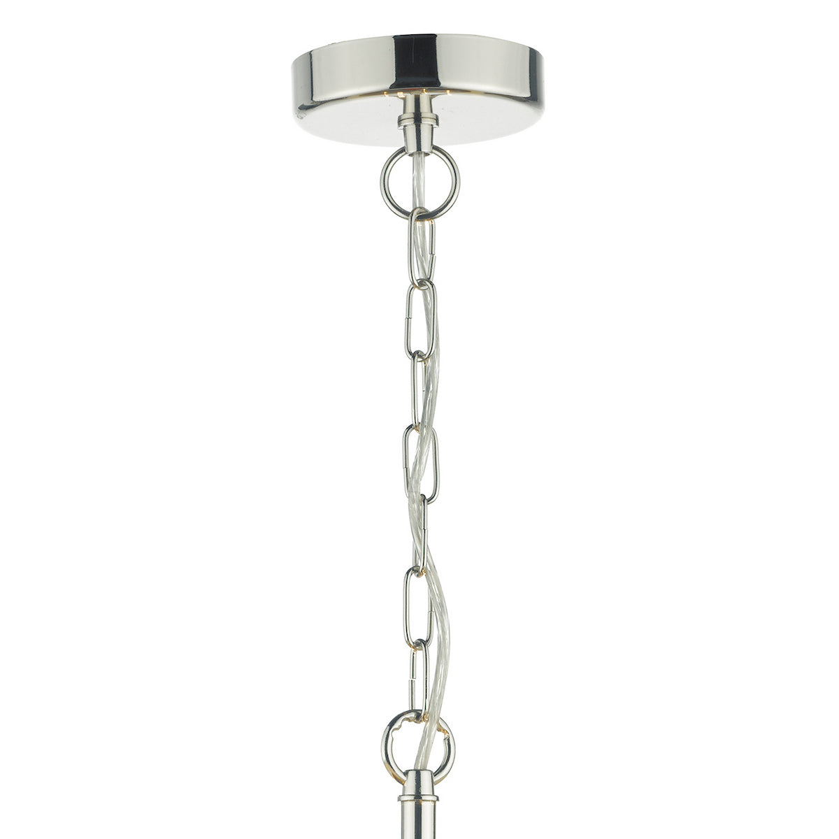 Polished nickel ceiling rose with chain and clear cable.
