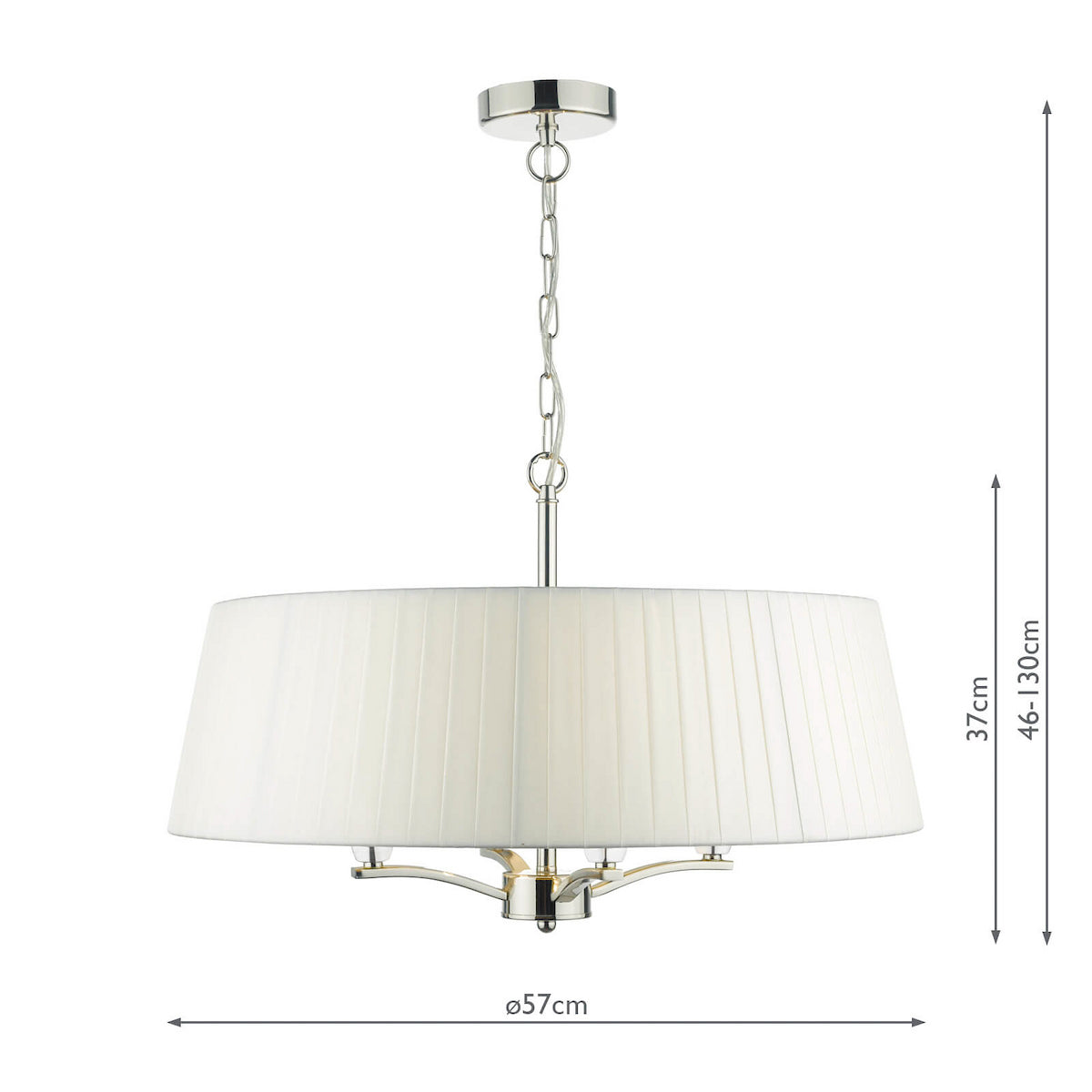 A white pleated drum shade chandelier with chrome accents and dimensions of 57cm diameter and 46-130cm height.
