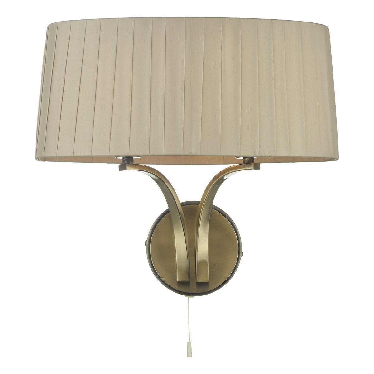 Wall light with a pleated cream fabric shade and an antique brass finish base