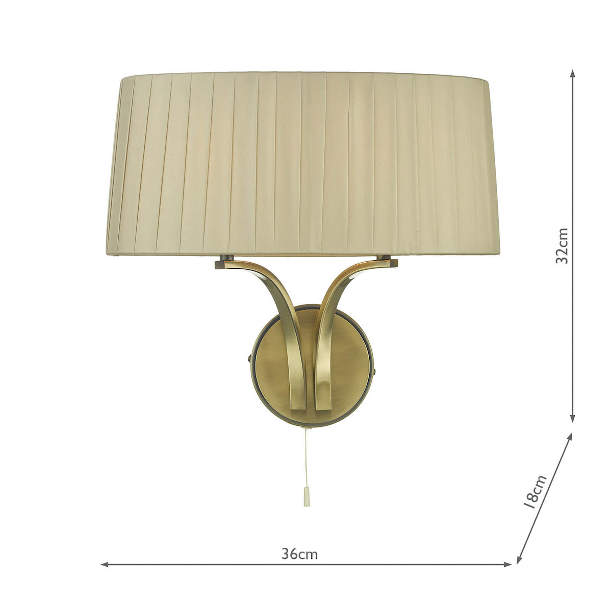 Cream pleated wall light with brass base and pull cord, 32cm high, 36cm wide, 18cm deep