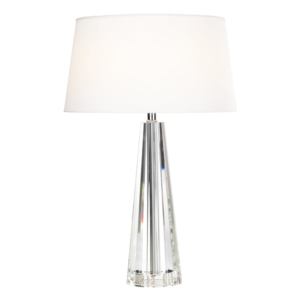 Crystal table lamp with a white fabric shade and a faceted clear base.