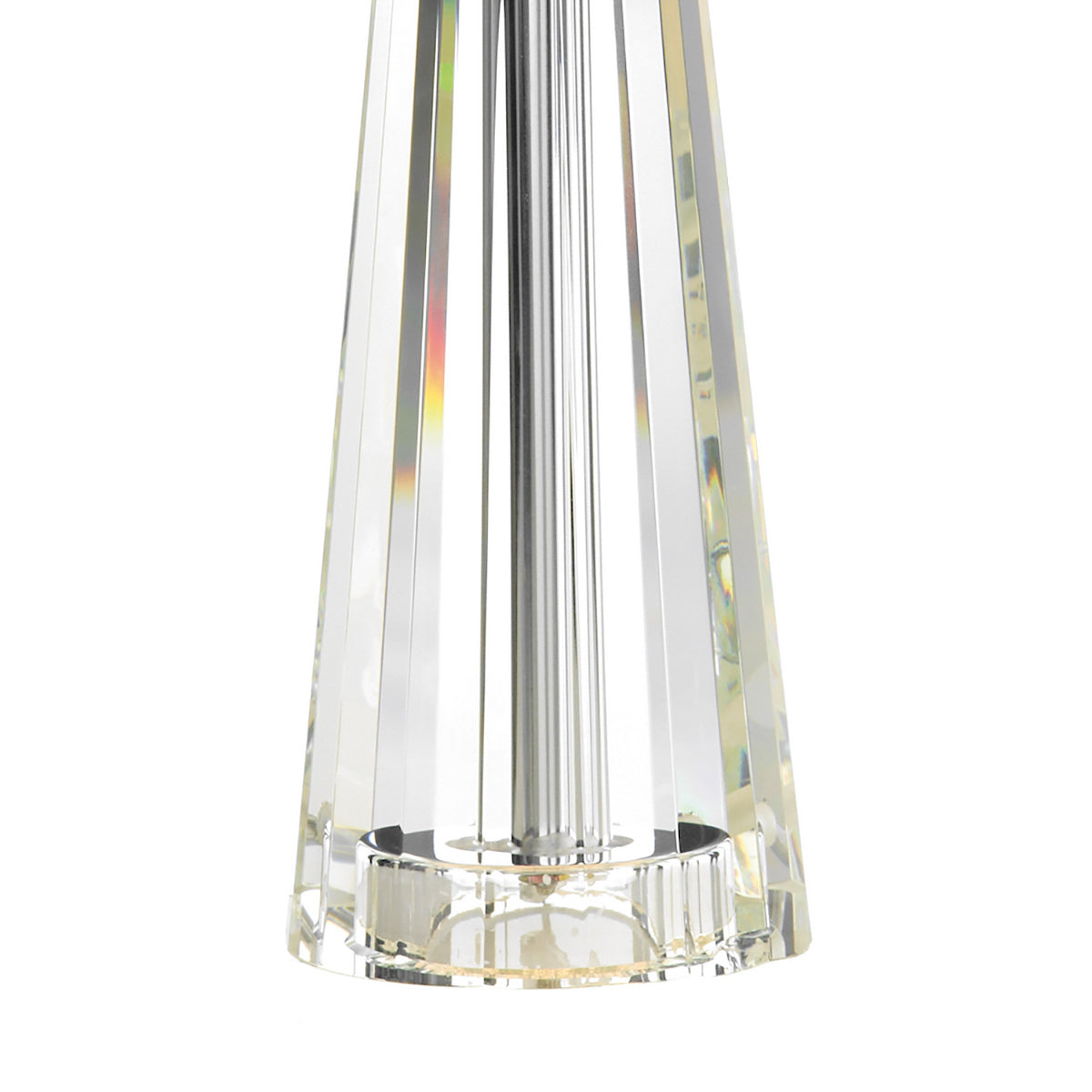 Close-up of a crystal lamp base with a silver-toned rod in the center.