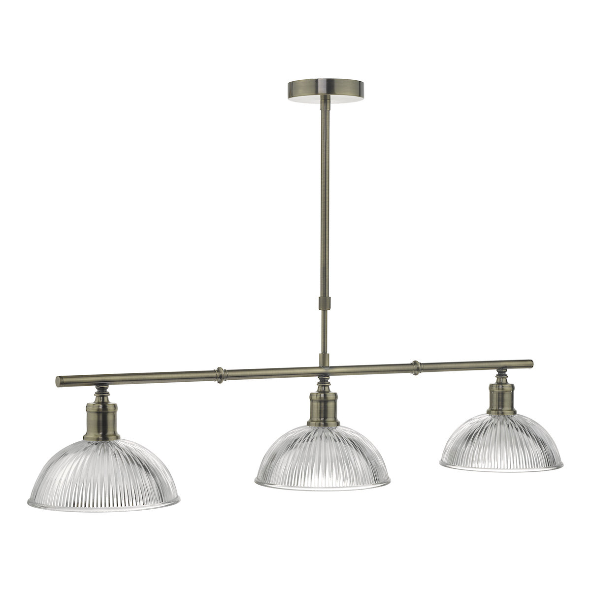 A three-light pendant fixture with ribbed glass shades and an antique brass finish.