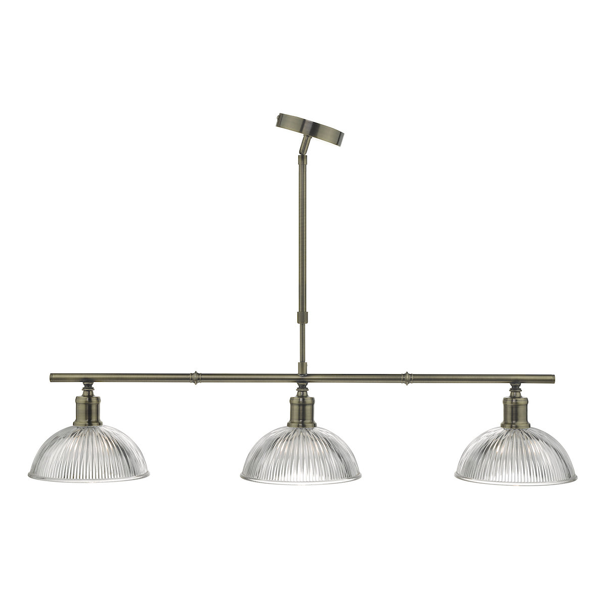 A three-light island pendant with ribbed glass shades and an antique brass finish.