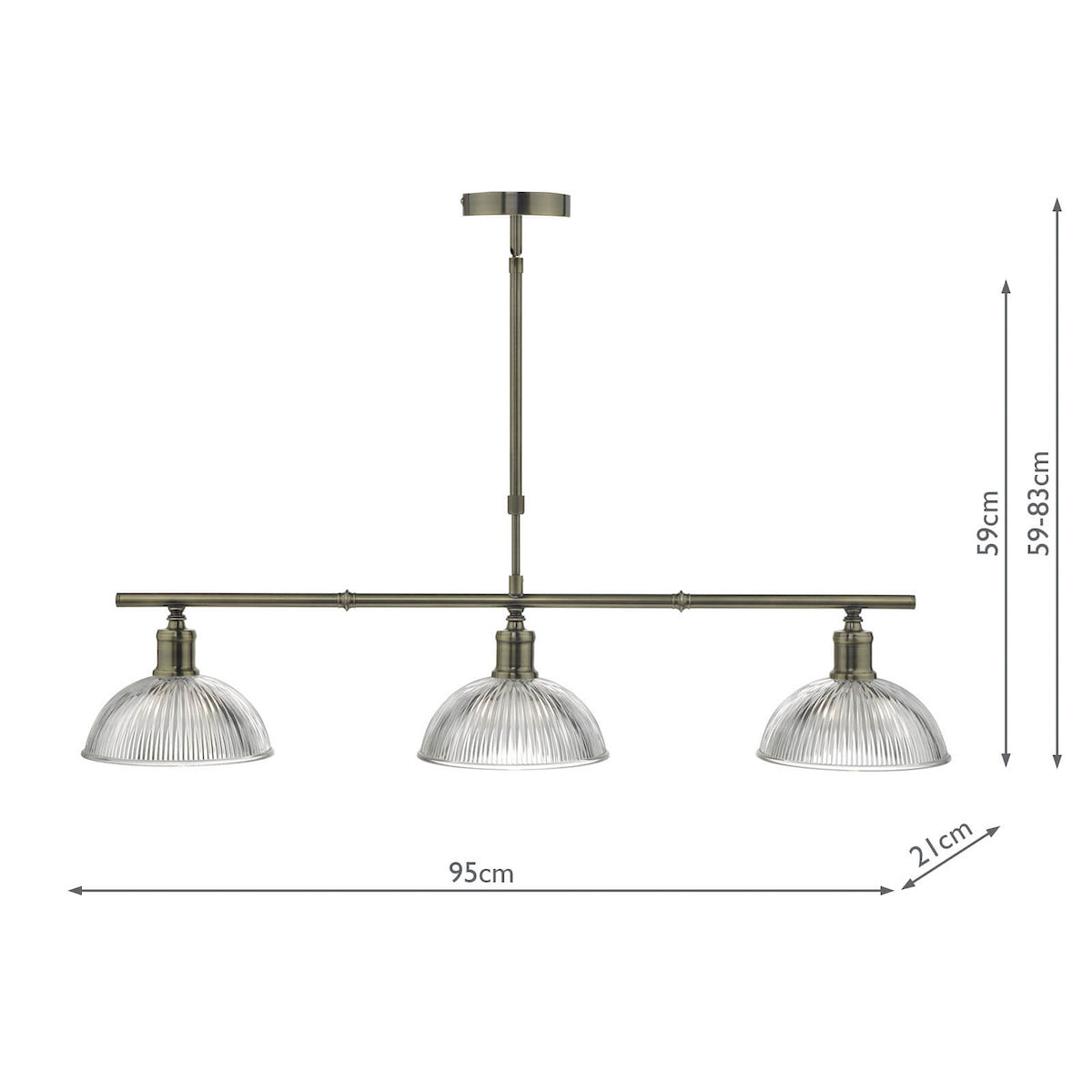 A bronze ceiling light with three ribbed glass dome shades, showing dimensions of 95cm width and 59-83cm height.