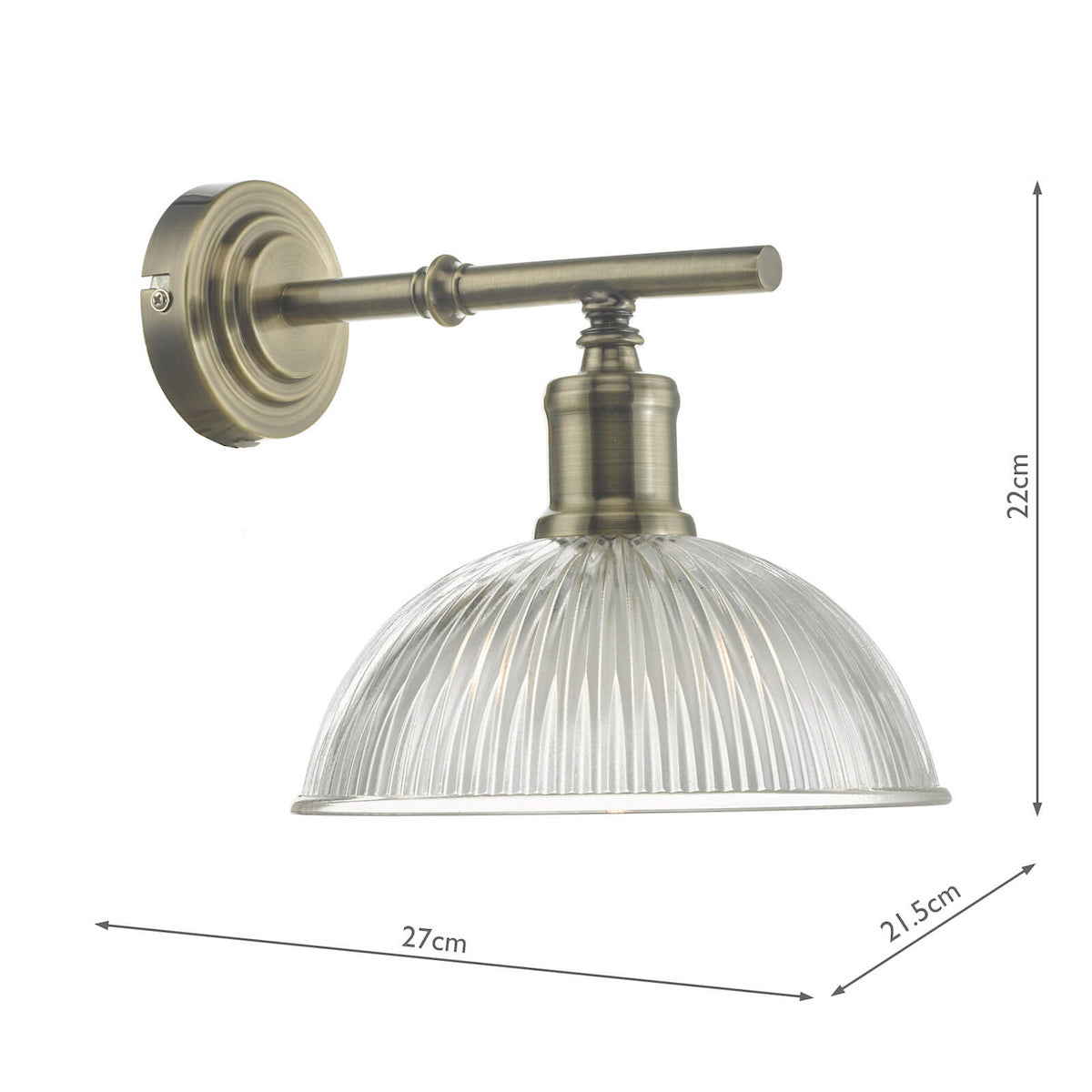 Antique brass wall light with a fluted glass dome shade and dimensions.