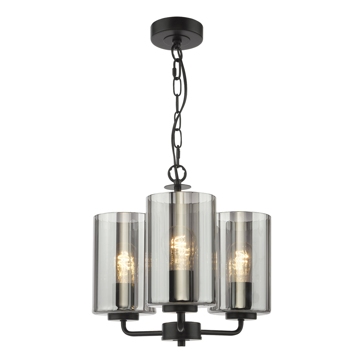 Three-light chandelier with clear glass shades and exposed bulbs
