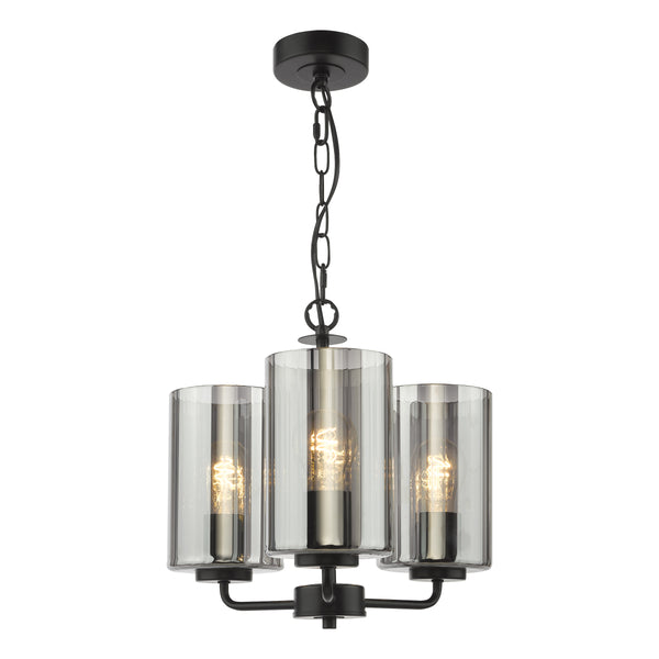 Three-light chandelier with clear glass shades and exposed bulbs
