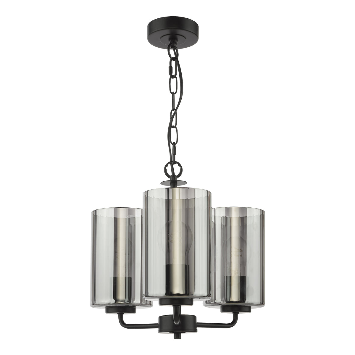Three light chandelier with black metal frame and clear glass shades