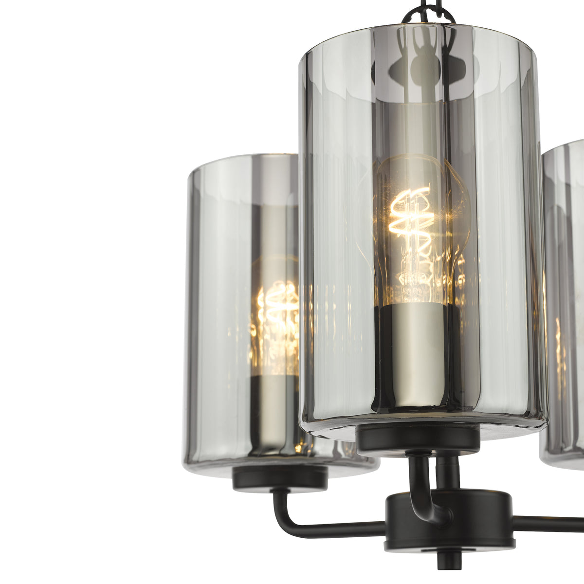 Close up of a chandelier with three glass shades and exposed bulbs