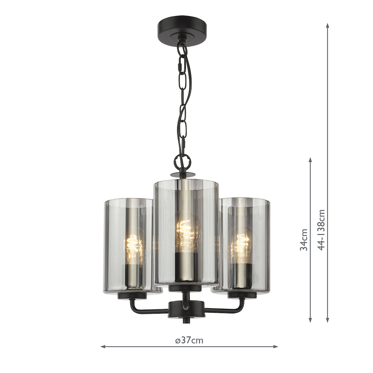 Three light chandelier with clear glass shades and black metal accents