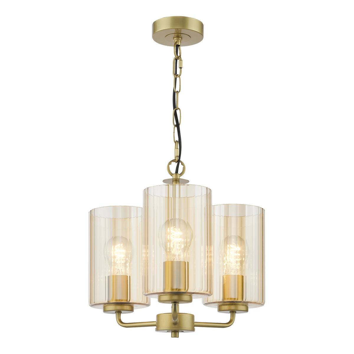 Three-light chandelier with amber ribbed glass shades and a gold finish