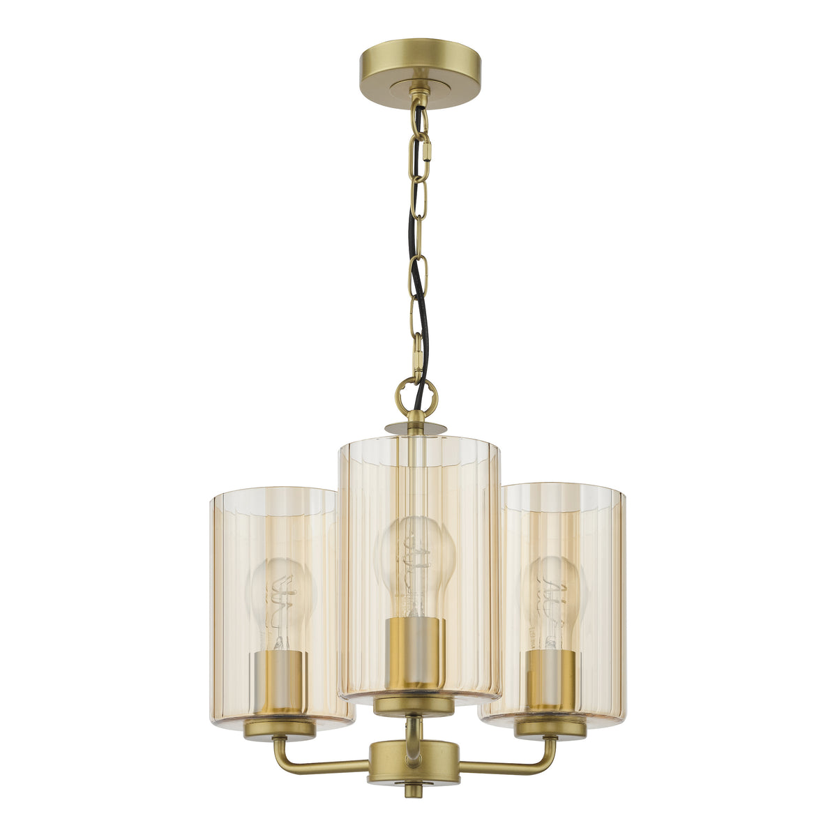 Three light chandelier with amber ribbed glass shades and a gold finish