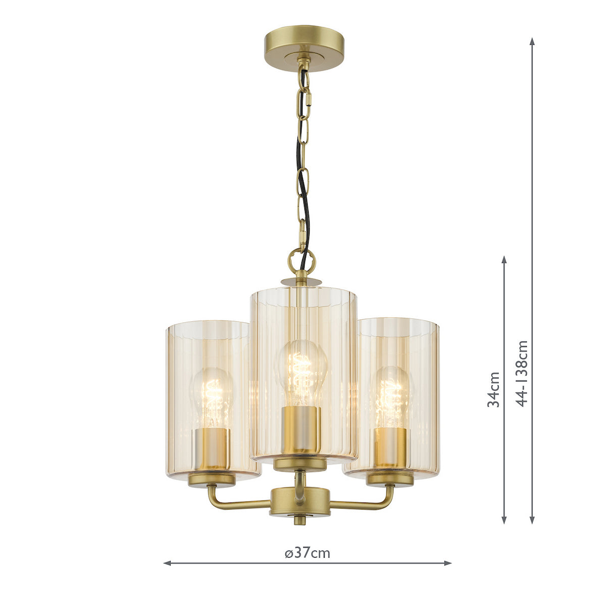 Three light chandelier with amber ribbed glass shades and brass finish