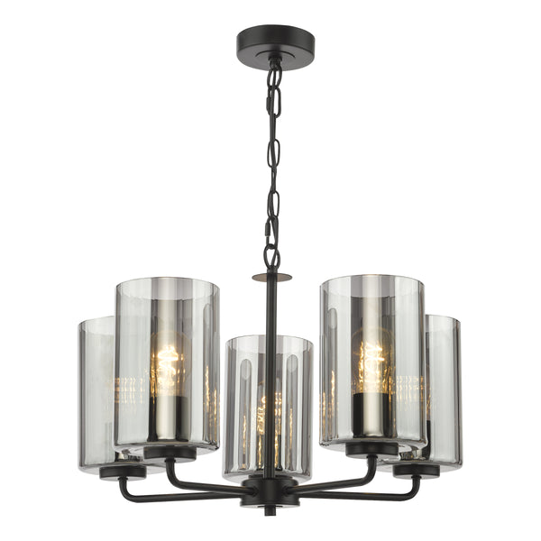 Black metal chandelier with five clear glass shades and exposed bulbs