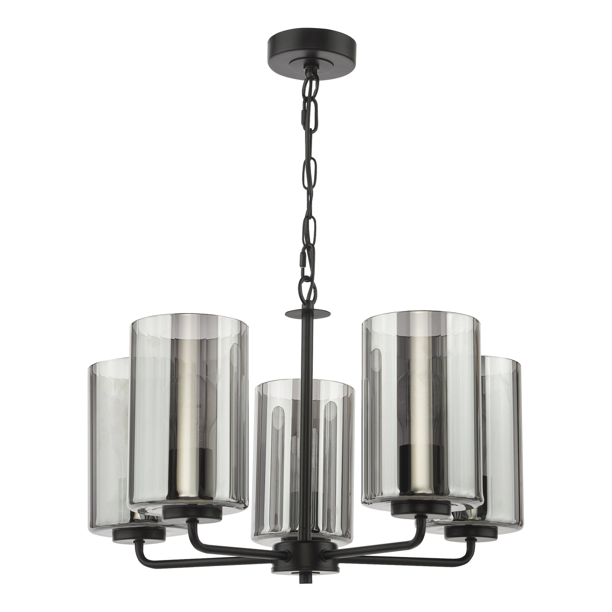 Black chandelier with five smoked glass shades