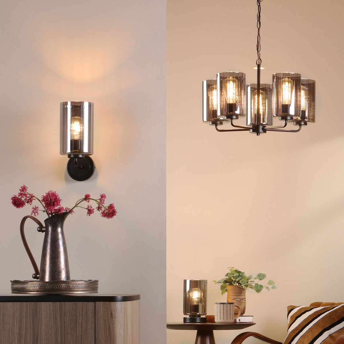 Wall sconce, chandelier, and table lamp with ribbed glass shades