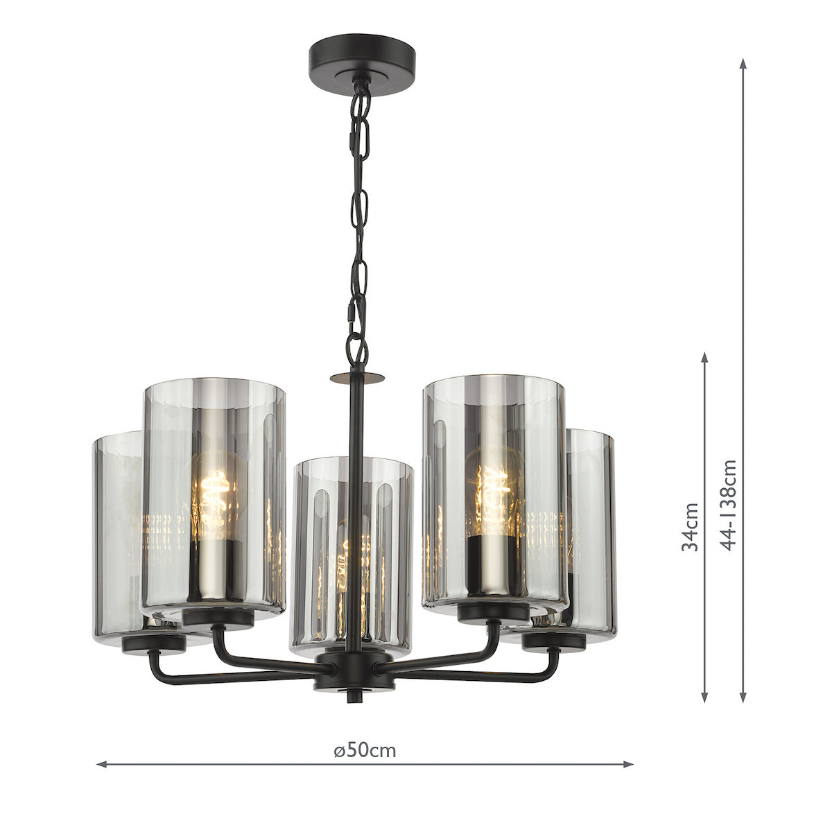Black metal chandelier with five smoked glass shades and exposed bulbs, with dimensions