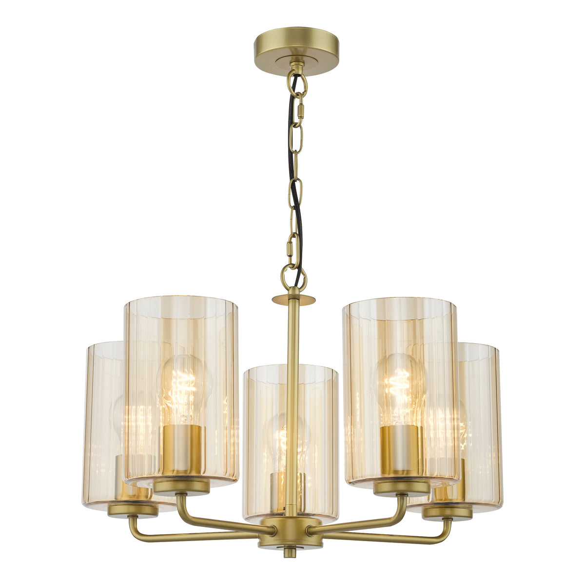 Gold chandelier with five amber glass shades