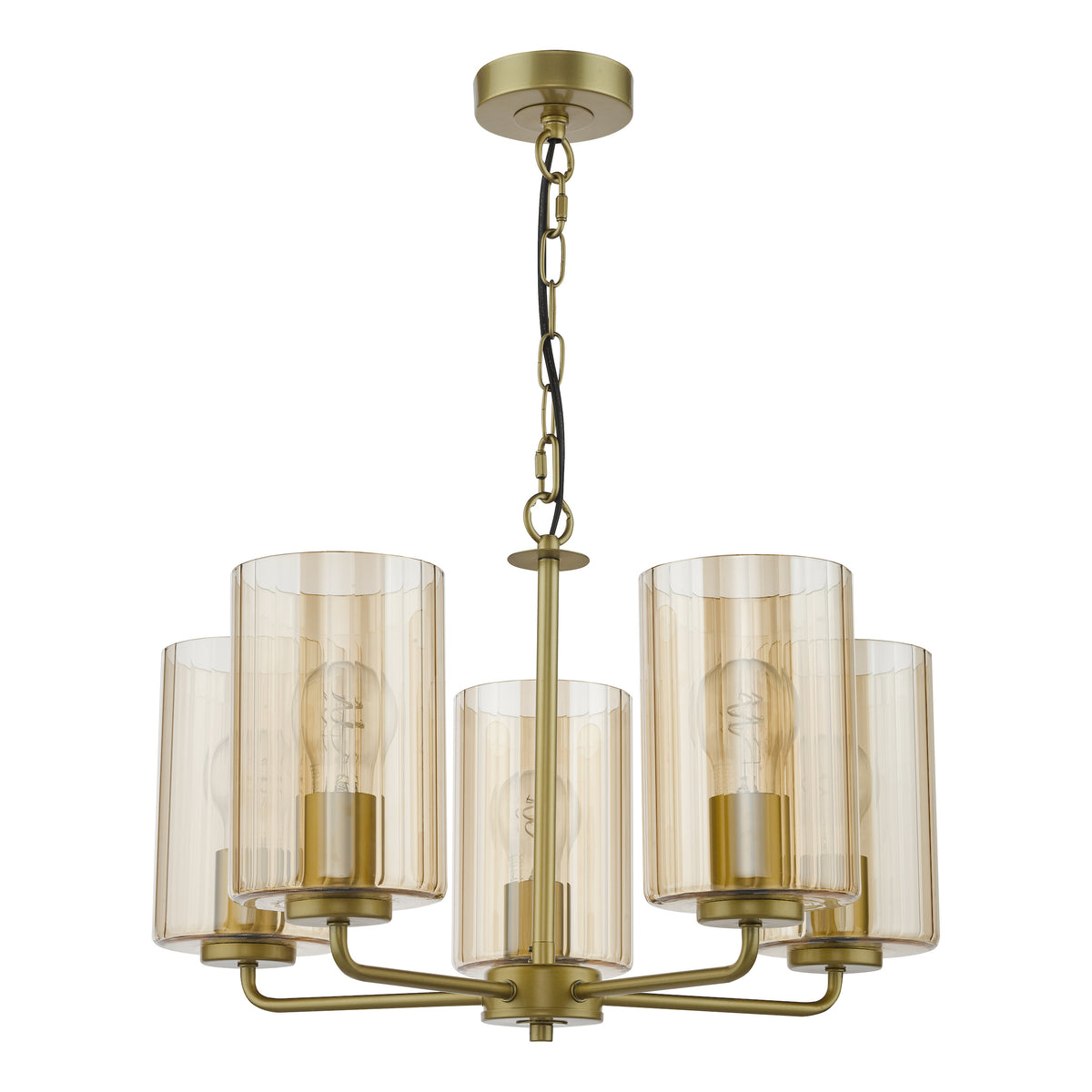 Gold chandelier with five amber ribbed glass shades and exposed filament bulbs