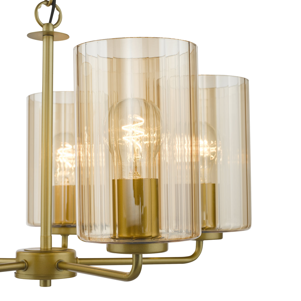 Close up of a brass chandelier with three amber fluted glass shades and exposed filament bulbs