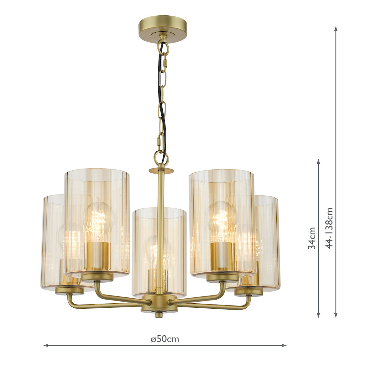 Brass chandelier with five amber glass shades and exposed filament bulbs, with dimensions