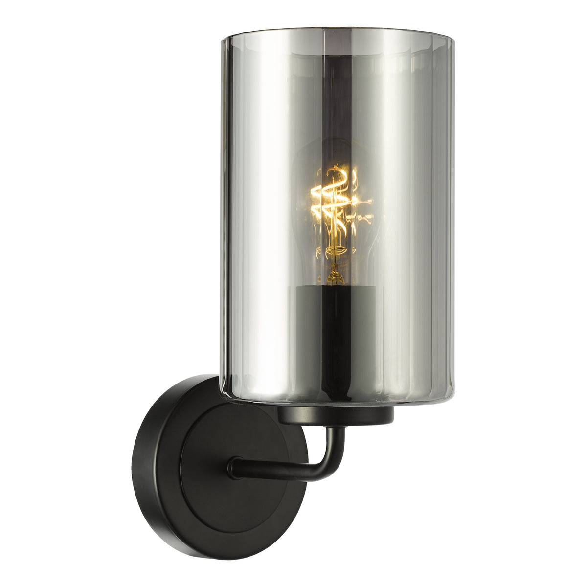 Black wall sconce with a cylindrical smoked glass shade and an exposed filament bulb