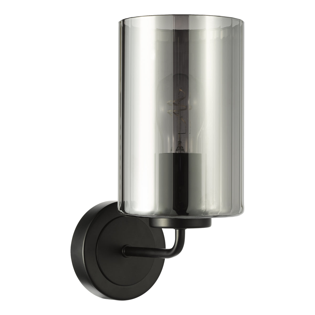 Black wall sconce with a cylindrical smoked glass shade and exposed filament bulb