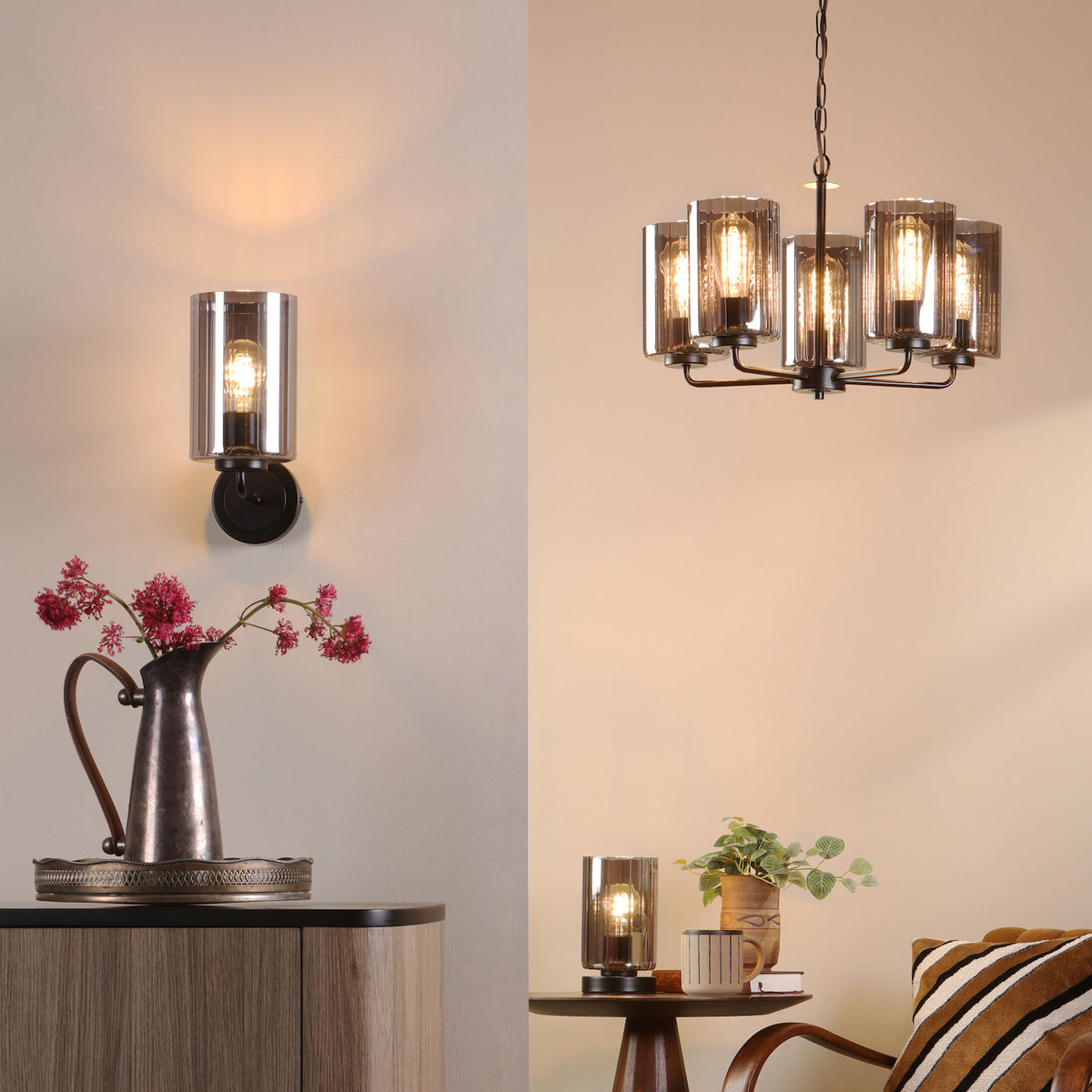 Wall sconce, table lamp, and chandelier with ribbed glass shades and exposed bulbs