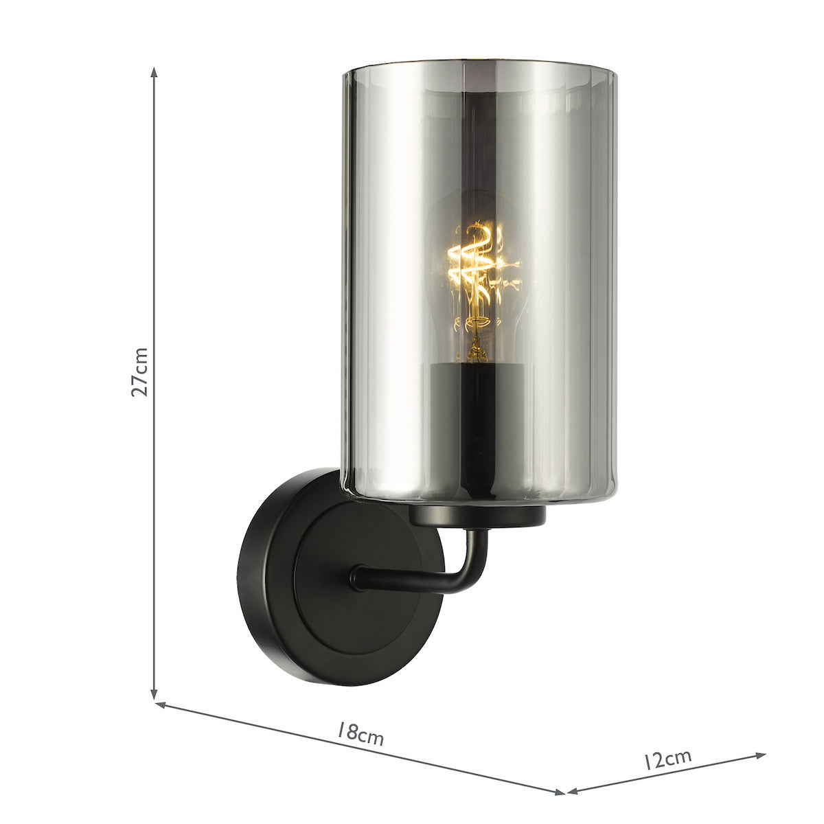 Black wall light with a cylindrical smoked glass shade and exposed filament bulb, with dimensions