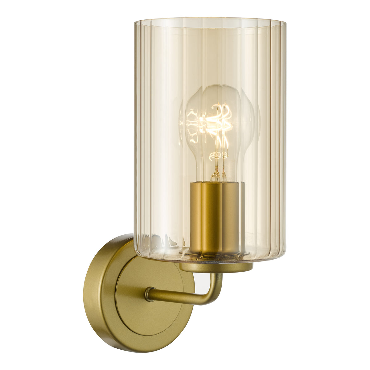 Gold wall sconce with a ribbed amber glass shade and an exposed light bulb