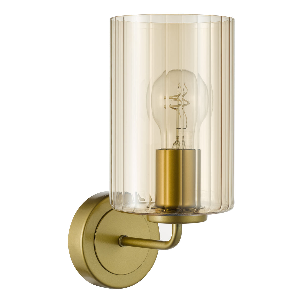 Gold wall sconce with a ribbed amber glass shade and an exposed filament bulb