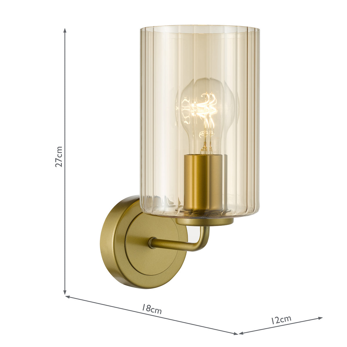 Gold wall light with ribbed amber glass shade and exposed bulb, showing dimensions 27cm, 18cm, 12cm