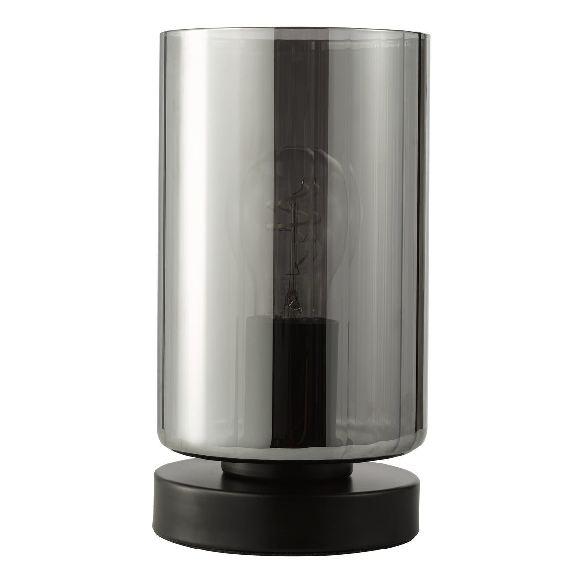 Cylindrical table lamp with a black base and a smoked glass shade, revealing a spiral filament bulb